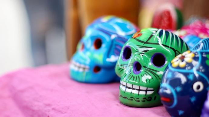Decorated Skulls on a Table