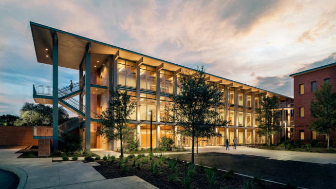 Dicke Hall finished exterior at sunset